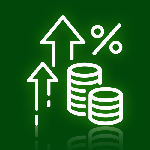 Rising arrows, percent sign and coin stacks icon